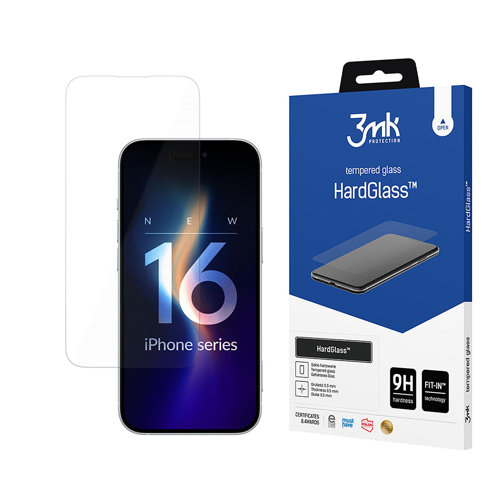 Film de protection d'écran 3MK HardGlass pour Apple iPhone 16 Pro, Verre trempé, Collage intégral