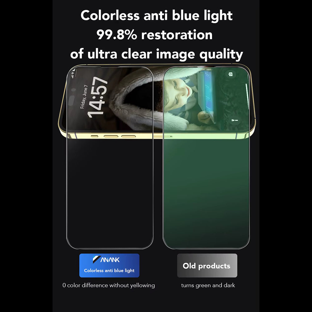 Anank Anti Blue Light Screen Protector for Apple iPhone 15, Tempered Glass, Full Glue, 2.5D, Black