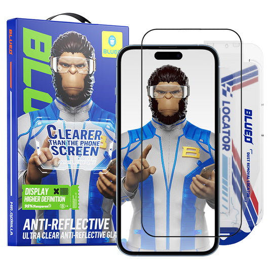 Film de protection d'écran Blueo Anti-Reflet HD Applicator Pro pour Apple iPhone 16 / 15, Verre Trempé, Collage Complet, Noir