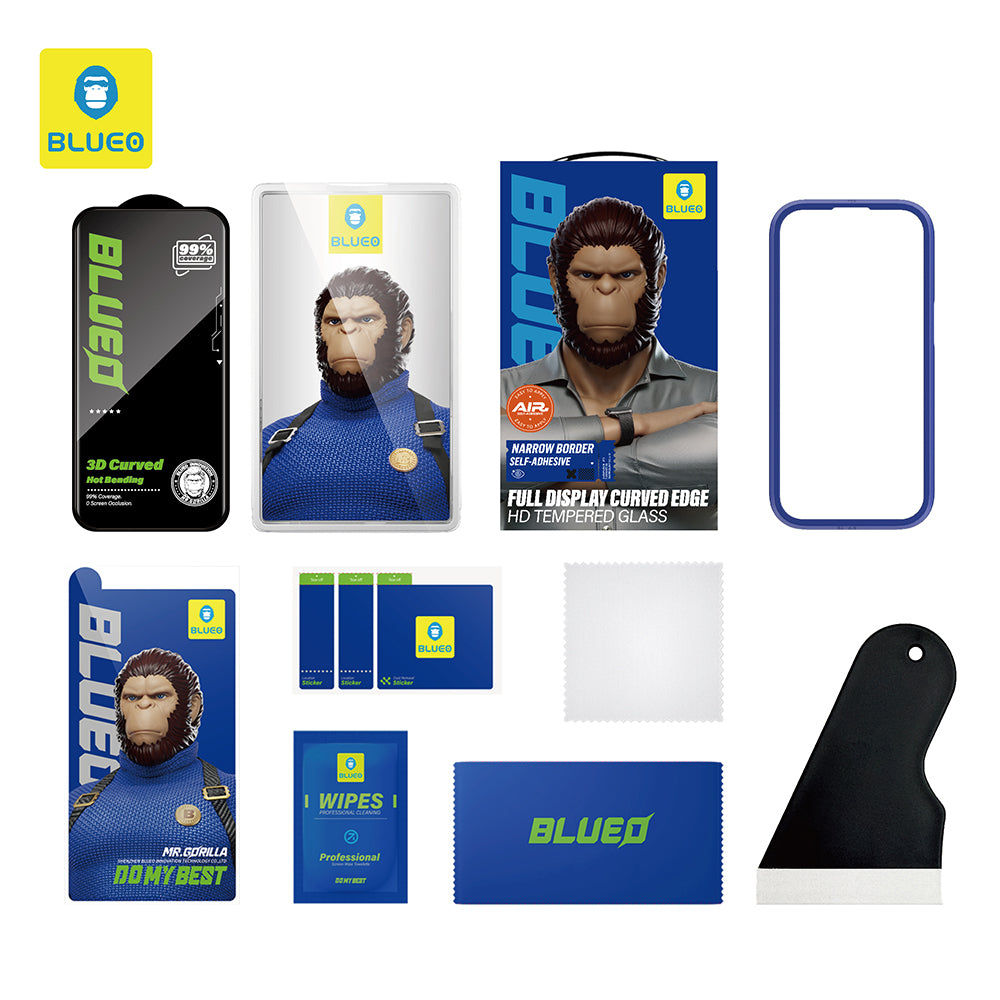 Film de protection d'écran Blueo HD pour Apple iPhone 16 Pro Max, Verre trempé, Full Glue, 3D, Noir