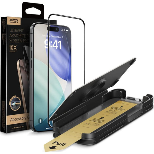 Film de protection d'écran ESR UltraFit Armorite Pro pour Apple iPhone 17 / 16 Pro, Verre Trempé, Full Glue, Noir