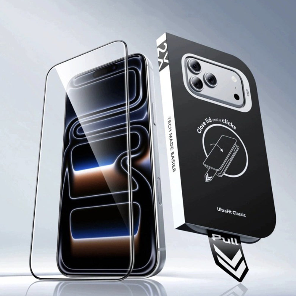 Film de protection d'écran ESR UltraFit Classic pour Apple iPhone 18 Pro Max / 17 Pro Max, Verre trempé, Collage complet, Lot de 2 pièces, Noir