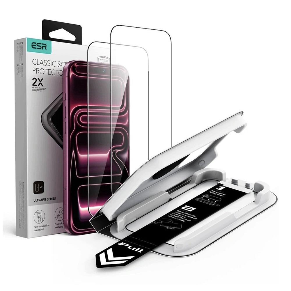 Film de protection d'écran ESR UltraFit Classic pour Apple iPhone 18 Pro Max / 17 Pro Max, Verre trempé, Collage complet, Lot de 2 pièces, Noir