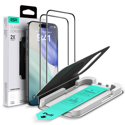 Film de protection d'écran ESR UltraFit pour Apple iPhone 17 / 16 Pro, Verre trempé, Collage intégral, Lot de 2 pièces, Noir