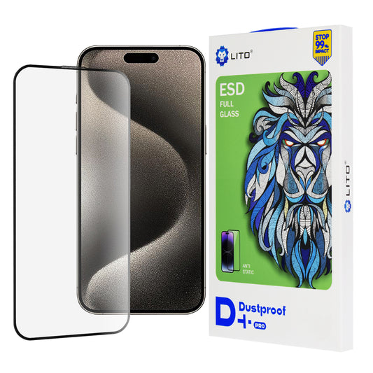 Film de protection d'écran Lito D+ Pro Dustproof pour Apple iPhone 15, Verre trempé, Collage intégral, Noir