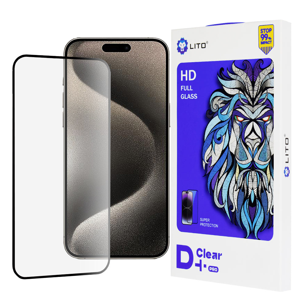 Film de protection d'écran Lito D+ Pro pour Apple iPhone 15 Pro Max, Verre trempé, Collage complet, Noir
