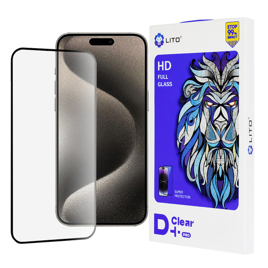 Film de protection d'écran Lito D+ Pro pour Apple iPhone 15 Pro Max, Verre trempé, Collage complet, Noir