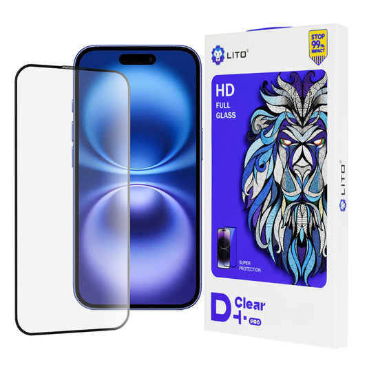 Film de protection d'écran Lito D+ Pro pour Apple iPhone 16, Verre trempé, Collage intégral, Noir