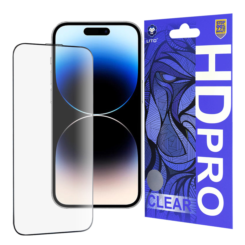 Film de protection écran Lito HD Pro Clear pour Apple iPhone 14 Pro, Verre trempé, Collage intégral, Noir