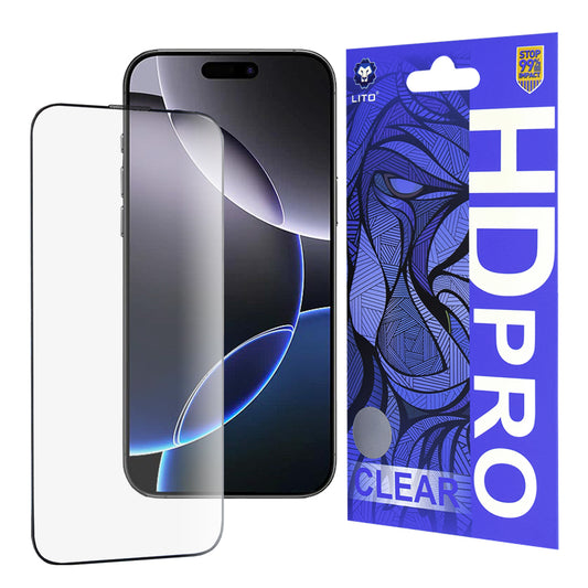Film de protection d'écran Lito HD Pro Clear pour Apple iPhone 16 Pro Max, Verre trempé, Collage complet, Noir