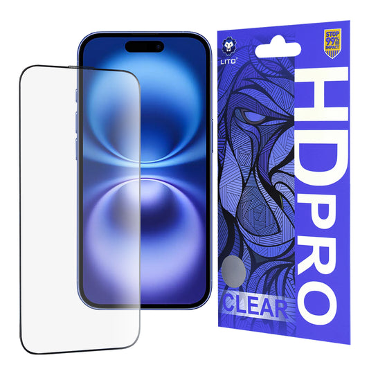 Film de protection écran Lito HD Pro Clear pour Apple iPhone 16, Verre trempé, Collage intégral, Noir
