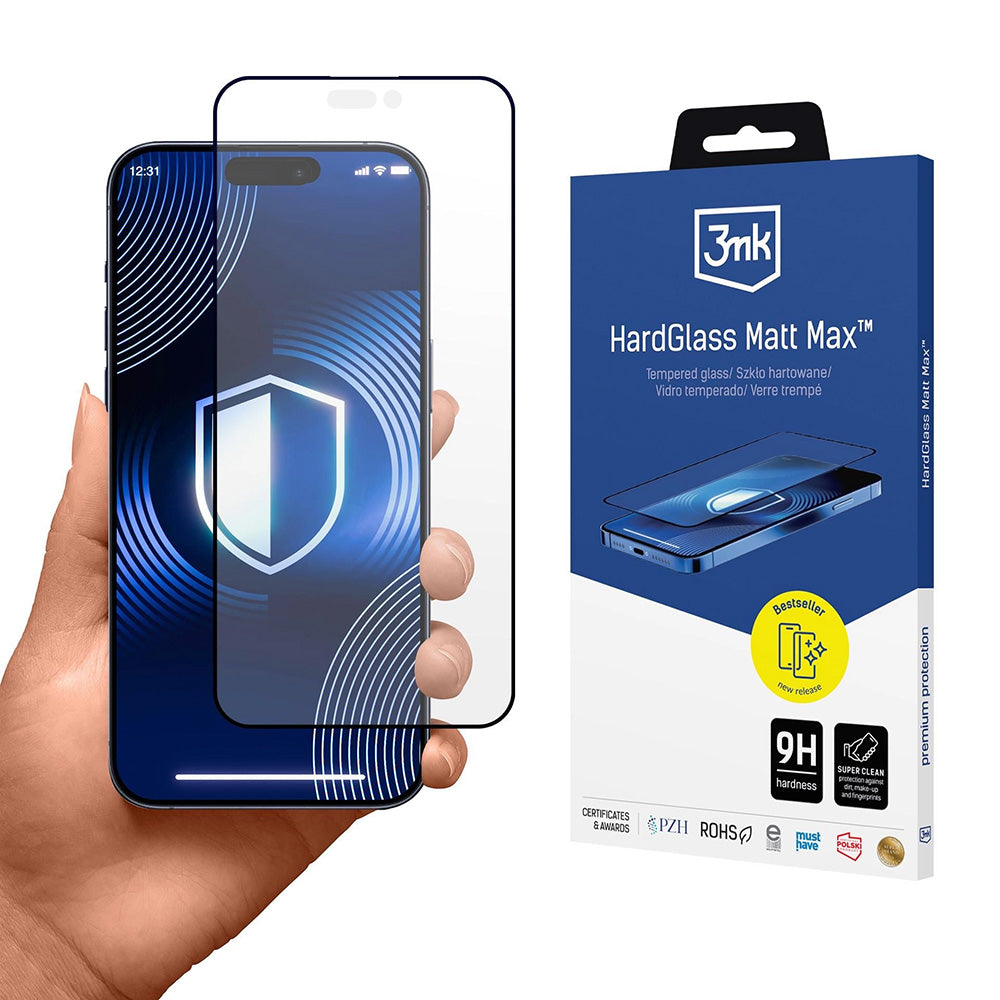Film de protection Écran Mat 3MK HardGlass Max pour Apple iPhone 17 Pro, Verre Trempé, Full Glue, Noir