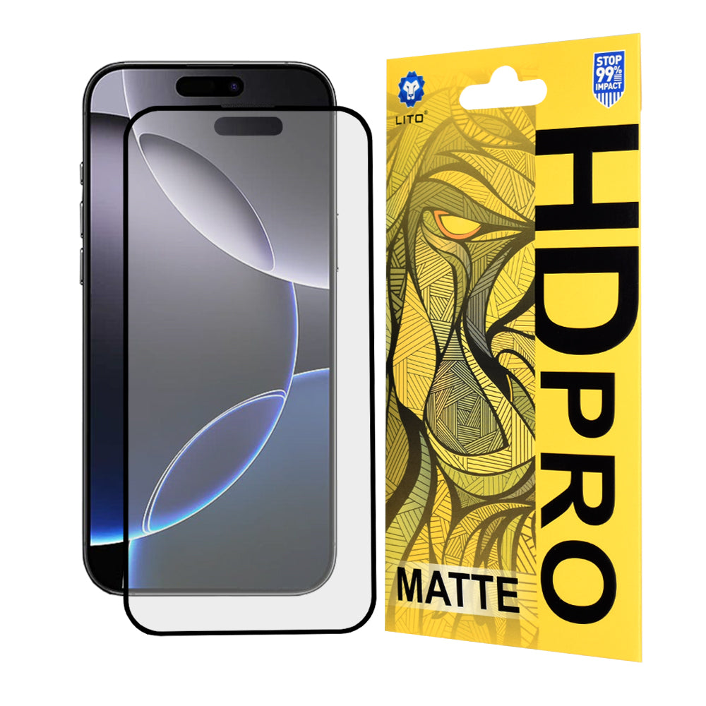Film de protection d'écran Matte Lito HD Pro pour Apple iPhone 16 Pro Max, Verre Trempé, Collage Complet, Noir