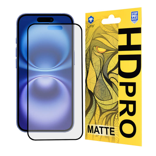 Film de protection d'écran mat Lito HD Pro pour Apple iPhone 16, verre trempé, adhésif complet, noir