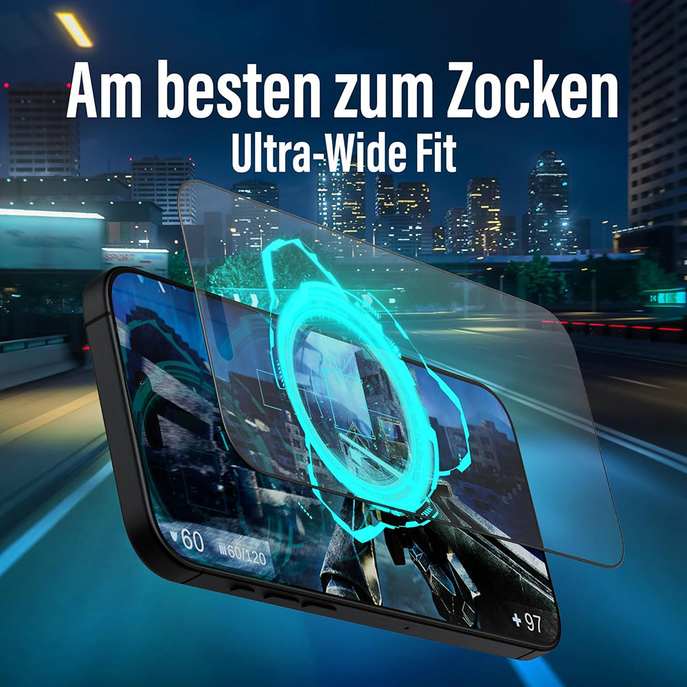 Film de protection d'écran mat PanzerGlass Ultra-Wide Fit Gaming pour Apple iPhone 16 Pro Max, Verre Trempé, Full Glue, Noir