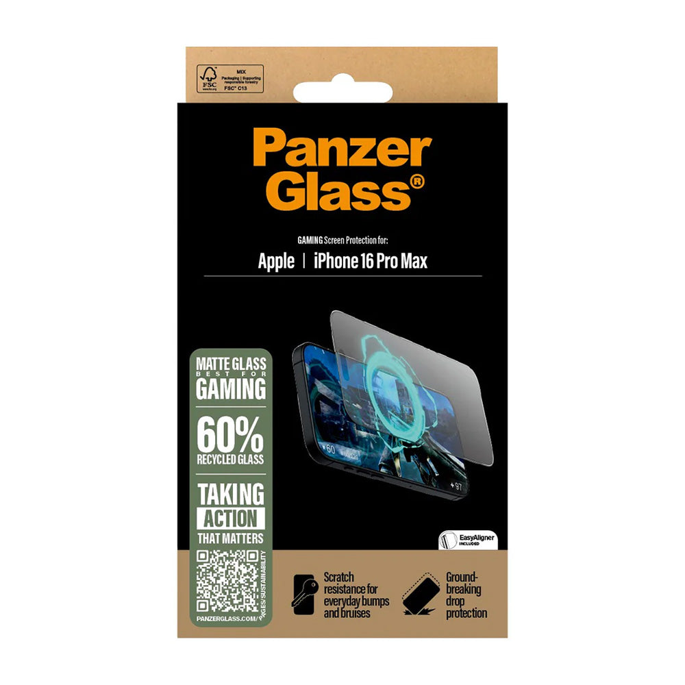Film de protection d'écran mat PanzerGlass Ultra-Wide Fit Gaming pour Apple iPhone 16 Pro Max, Verre Trempé, Full Glue, Noir