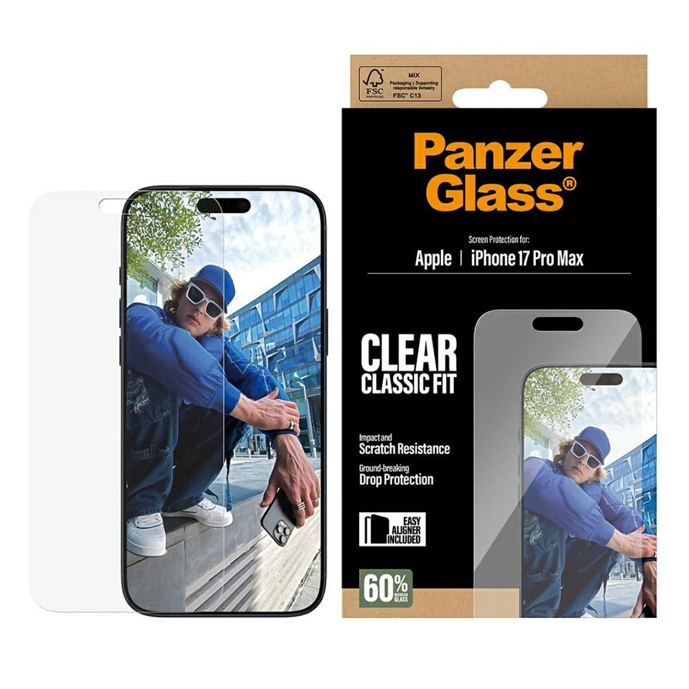 Film de protection d'écran PanzerGlass Classic Fit EasyAligner pour Apple iPhone 17 Pro Max, Verre Trempé, Full Glue
