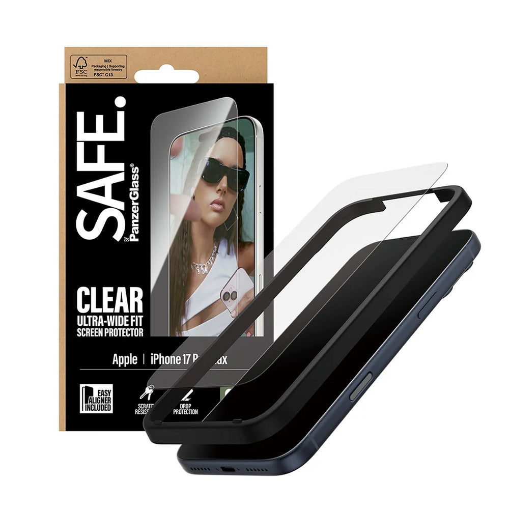 Film de protection d'écran PanzerGlass Safe. Ultra-Wide Fit EasyAligner pour Apple iPhone 17 Pro Max, Verre Trempé, Full Glue