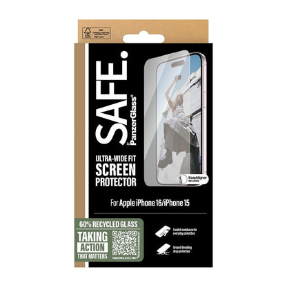 Film de protection d'écran PanzerGlass Safe. Ultra-Wide Fit pour Apple iPhone 16 / 15, Verre Trempé, Full Glue.