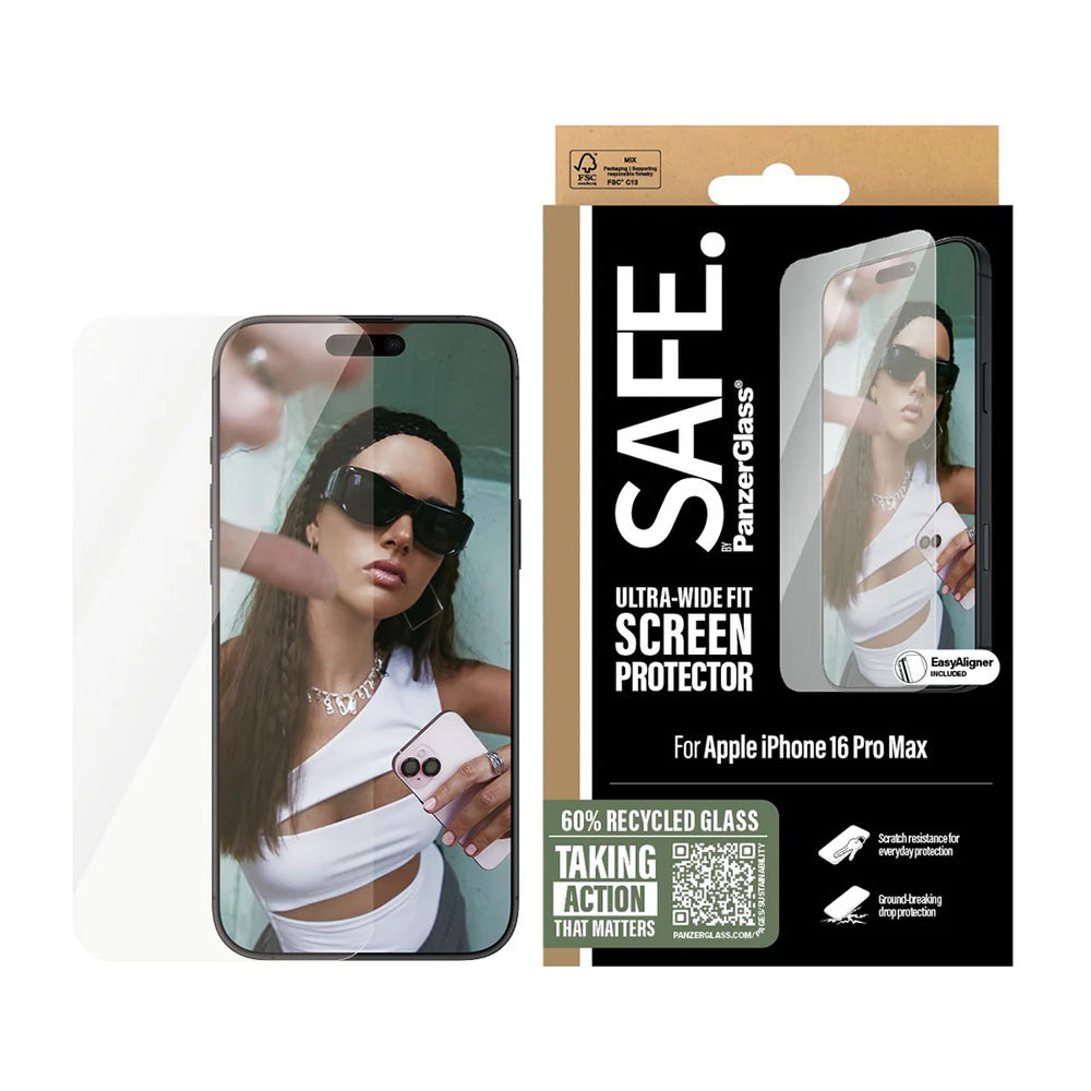 Film de protection d'écran PanzerGlass Safe. Ultra-Wide Fit pour Apple iPhone 16 Pro Max, Verre Trempé, Full Glue.