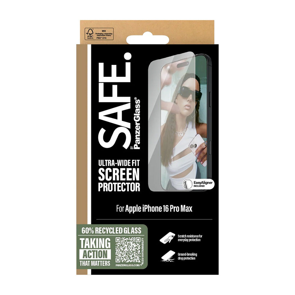 Film de protection d'écran PanzerGlass Safe. Ultra-Wide Fit pour Apple iPhone 16 Pro Max, Verre Trempé, Full Glue.