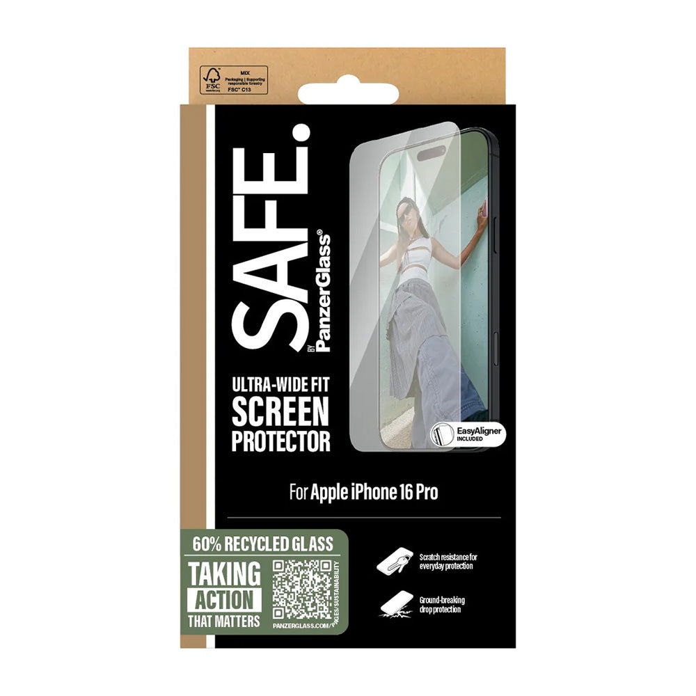 Film de protection d'écran PanzerGlass Safe. Ultra-Wide Fit pour Apple iPhone 16 Pro, Verre Trempé, Full Glue.