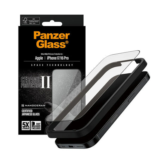 Film de protection d'écran PanzerGlass Ultra-Wide Ceramic II EasyAligner pour Apple iPhone 17 / 16 Pro, Verre Trempé, Full Glue, Noir