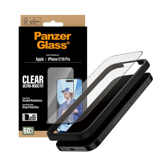 Film de protection d'écran PanzerGlass Ultra-Wide Fit EasyAligner pour Apple iPhone 17 / 16 Pro, Verre Trempé, Full Glue, Noir