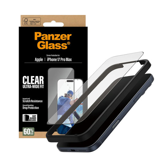 Film de protection d'écran PanzerGlass Ultra-Wide Fit EasyAligner pour Apple iPhone 17 Pro Max, Verre Trempé, Full Glue, Noir
