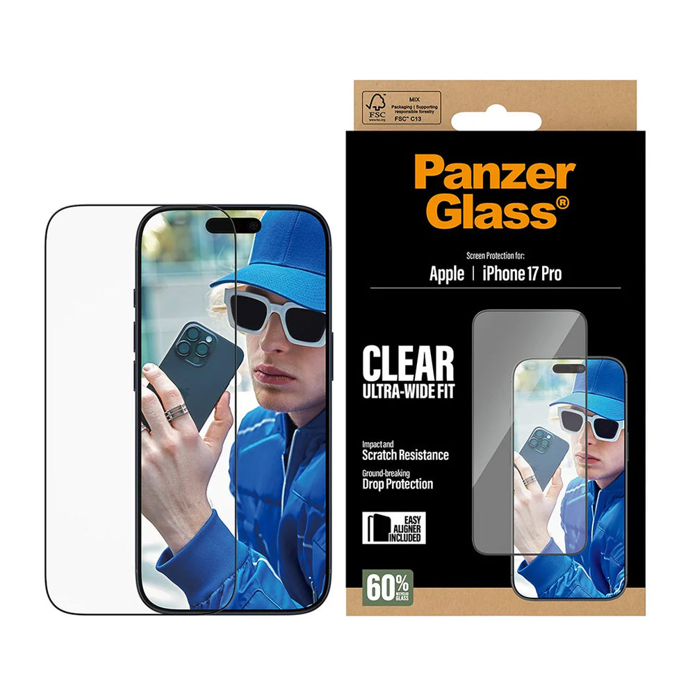 Film de protection d'écran PanzerGlass Ultra-Wide Fit EasyAligner pour Apple iPhone 17 Pro, Verre Trempé, Full Glue, Noir
