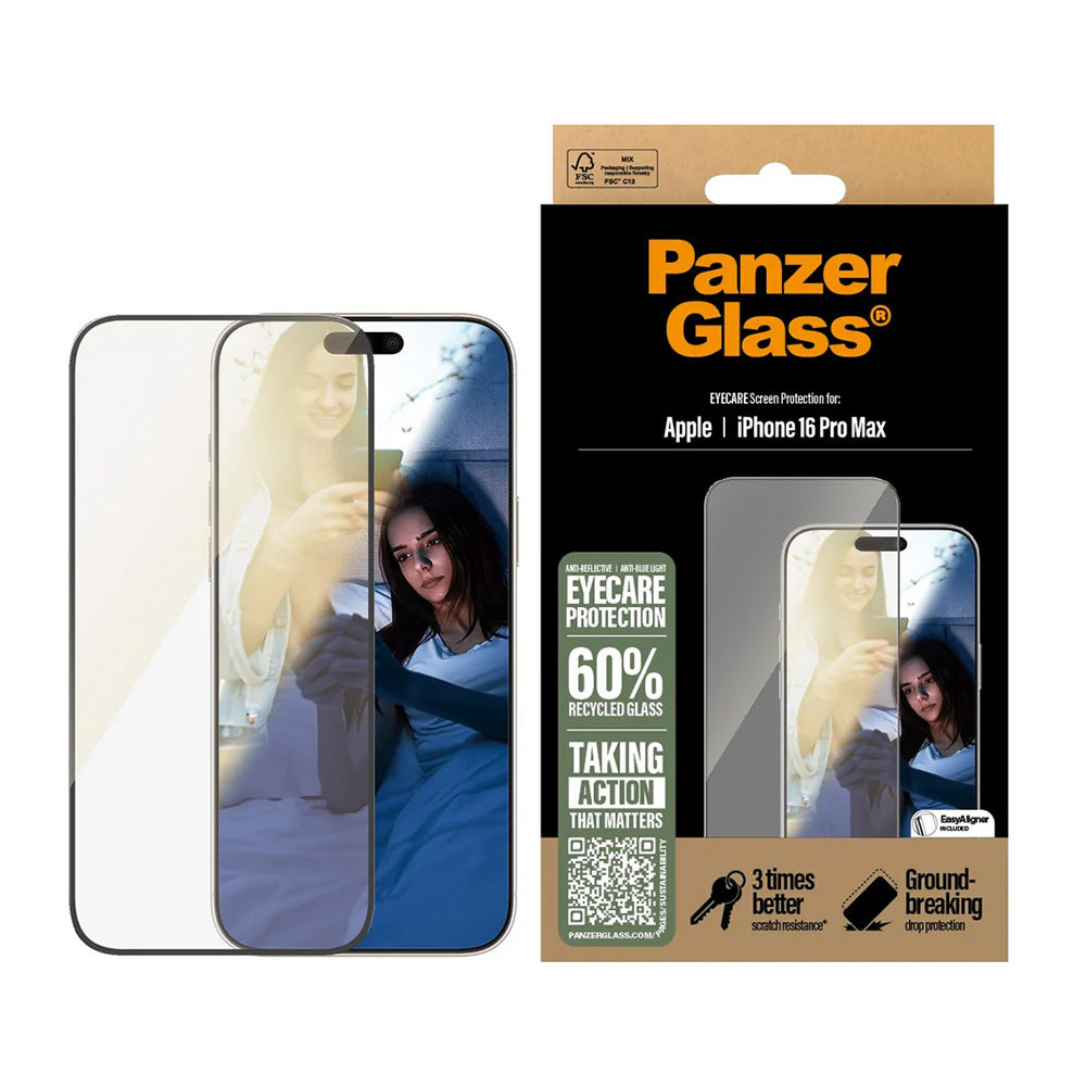 Film de protection d'écran PanzerGlass Ultra-Wide Fit EyeCare pour Apple iPhone 16 Pro Max, Verre Trempé, Full Glue, Noir