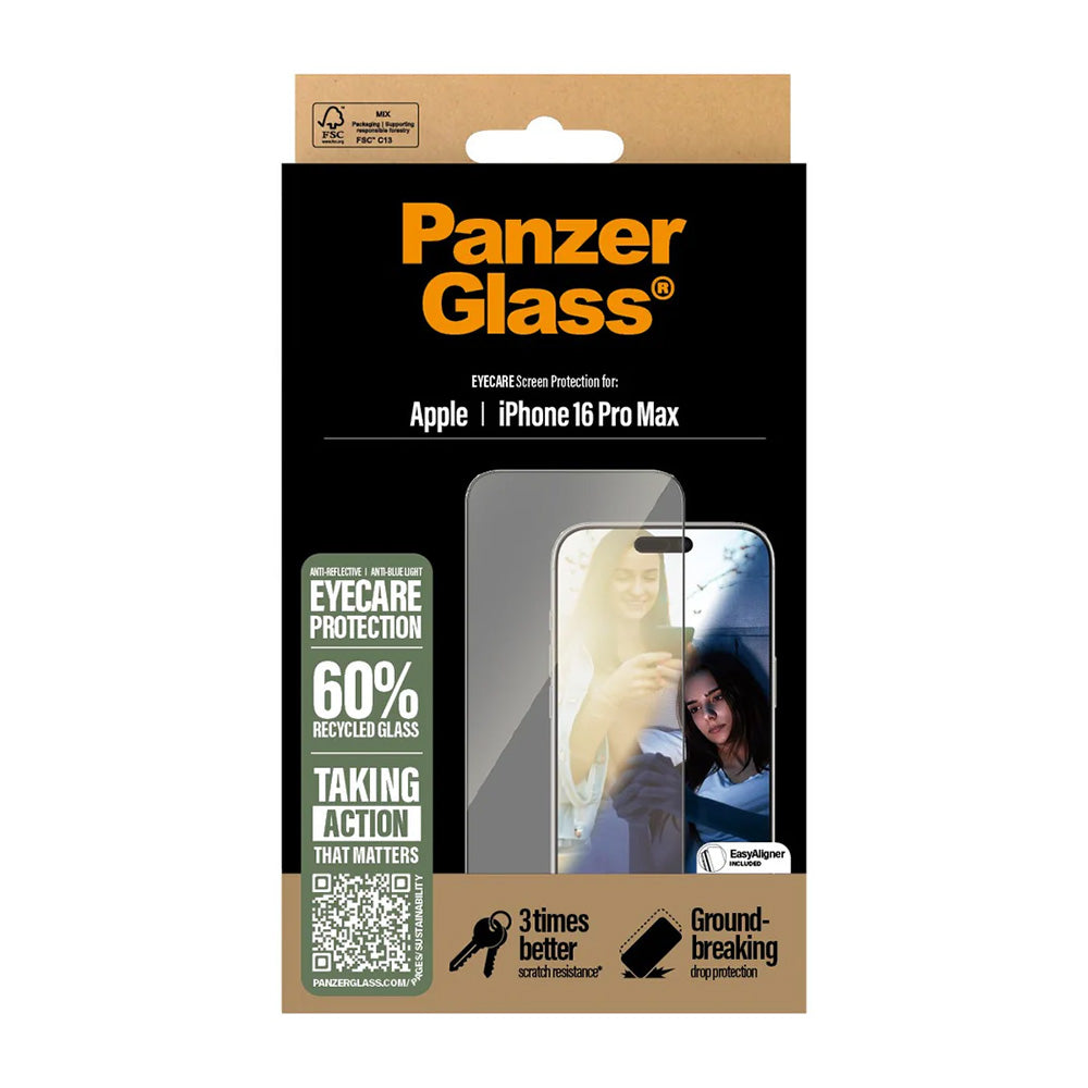 Film de protection d'écran PanzerGlass Ultra-Wide Fit EyeCare pour Apple iPhone 16 Pro Max, Verre Trempé, Full Glue, Noir