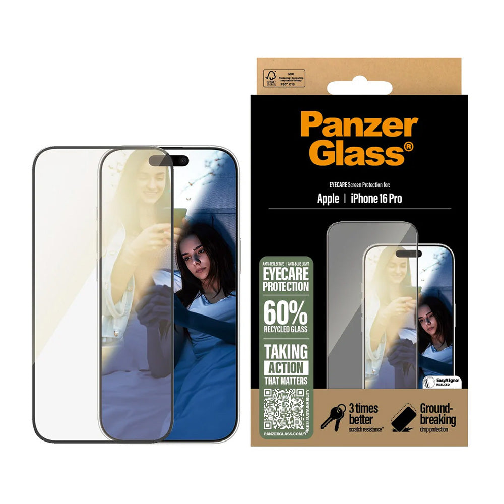 Film de protection d'écran PanzerGlass Ultra-Wide Fit EyeCare pour Apple iPhone 16 Pro, Verre Trempé, Full Glue, Noir