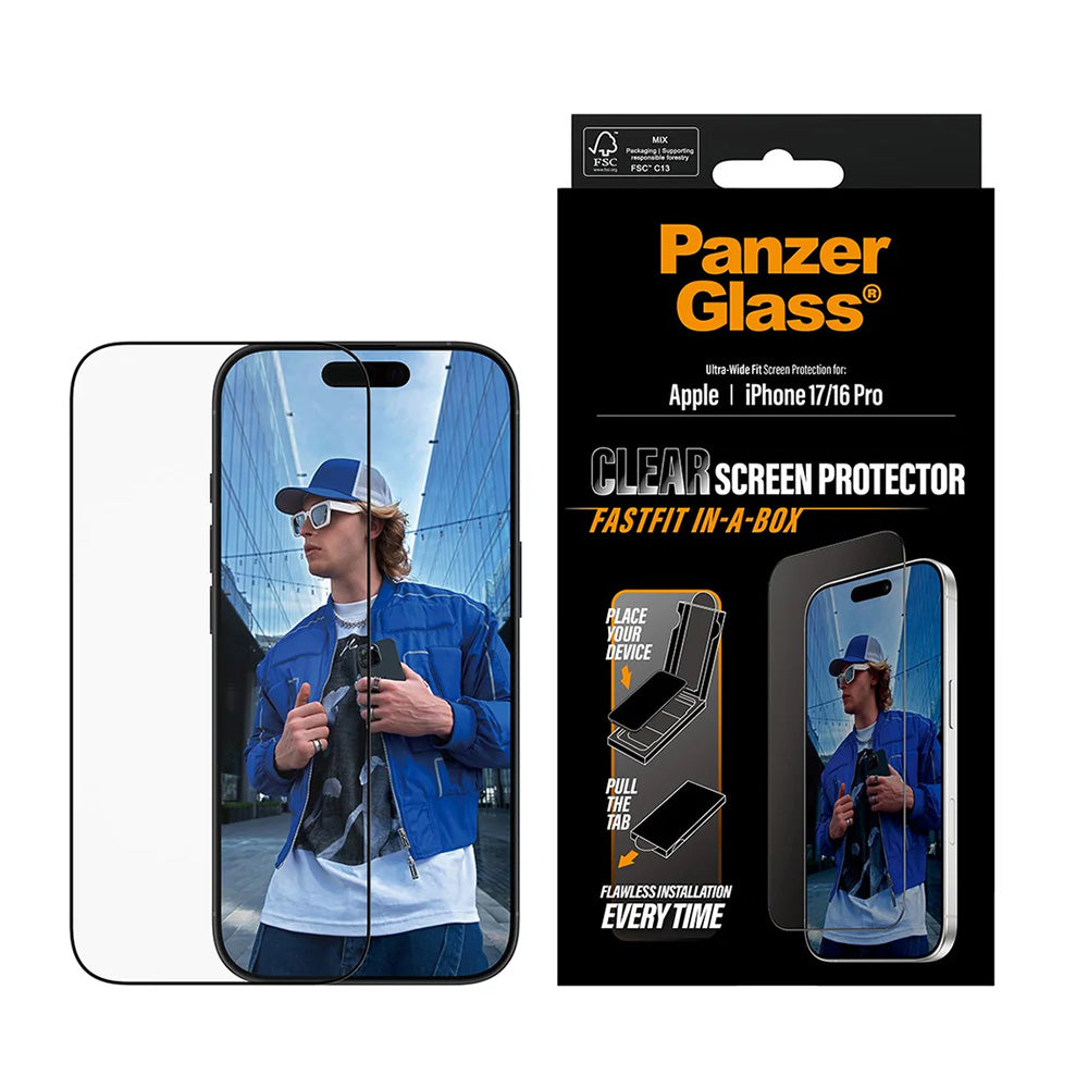 Film de protection d'écran PanzerGlass Ultra-Wide Fit Fastfit pour Apple iPhone 17 / 16 Pro, Verre Trempé, Full Glue, Noir