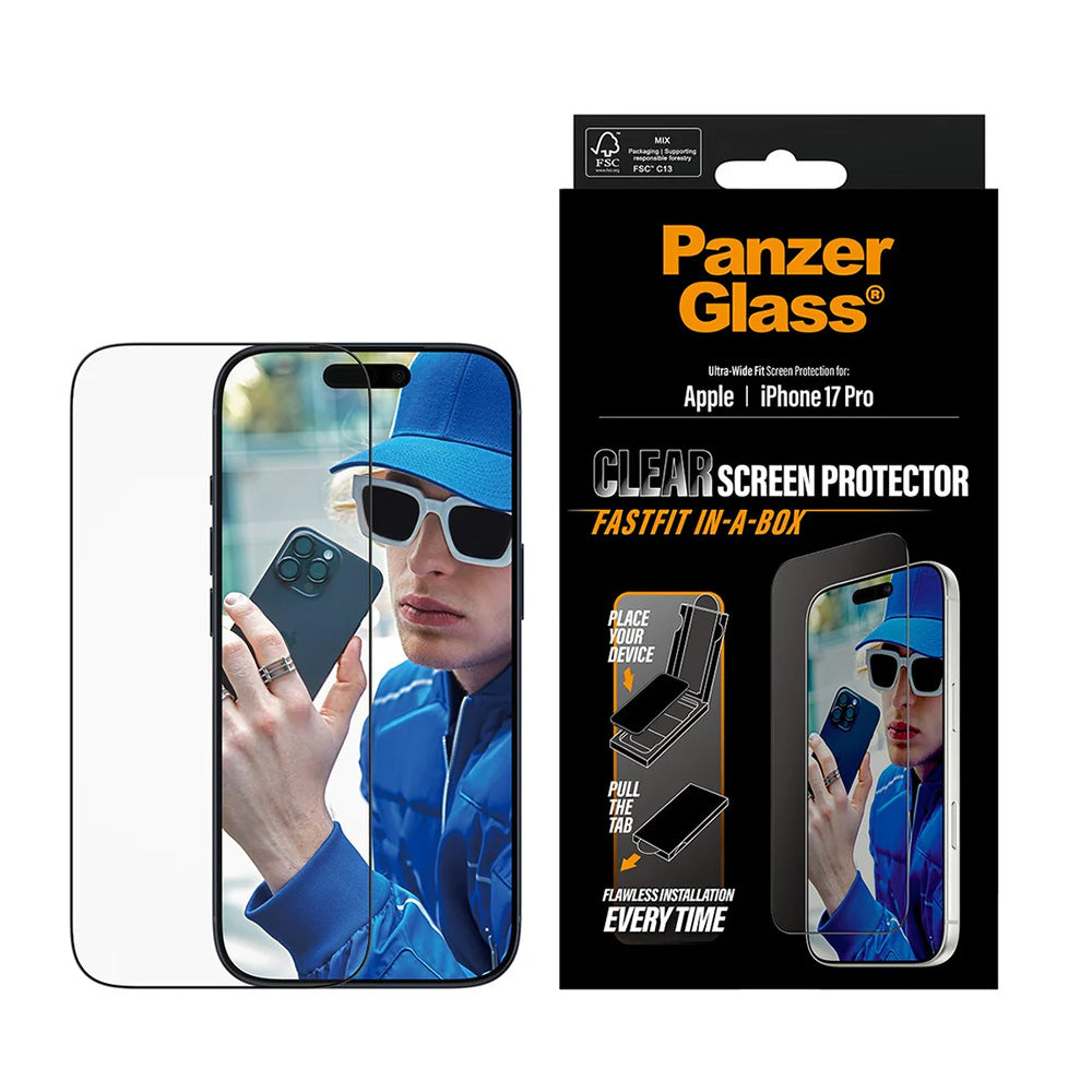 Film de protection d'écran PanzerGlass Ultra-Wide Fit Fastfit pour Apple iPhone 17 Pro, Verre Trempé, Full Glue, Noir