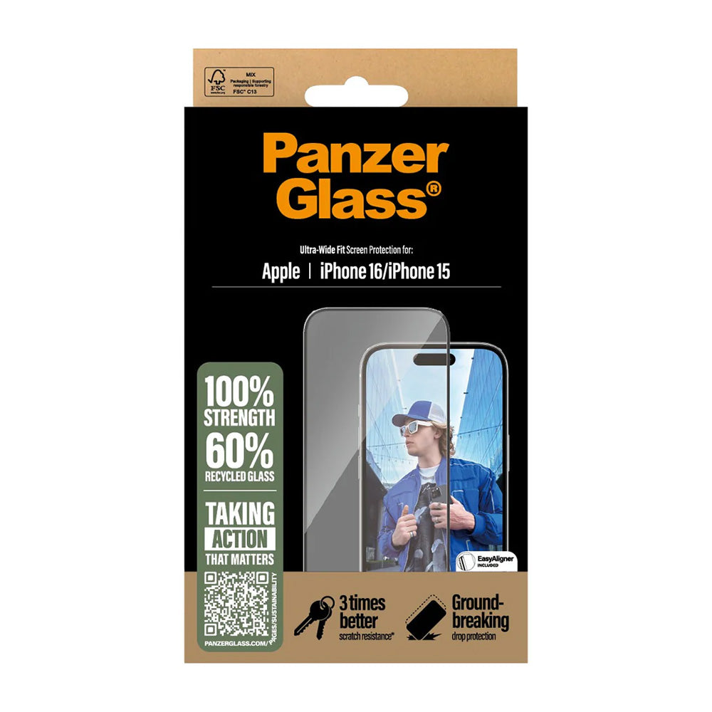 Film de protection d'écran PanzerGlass Ultra-Wide Fit pour Apple iPhone 16 / 15, Verre Trempé, Full Glue, Noir