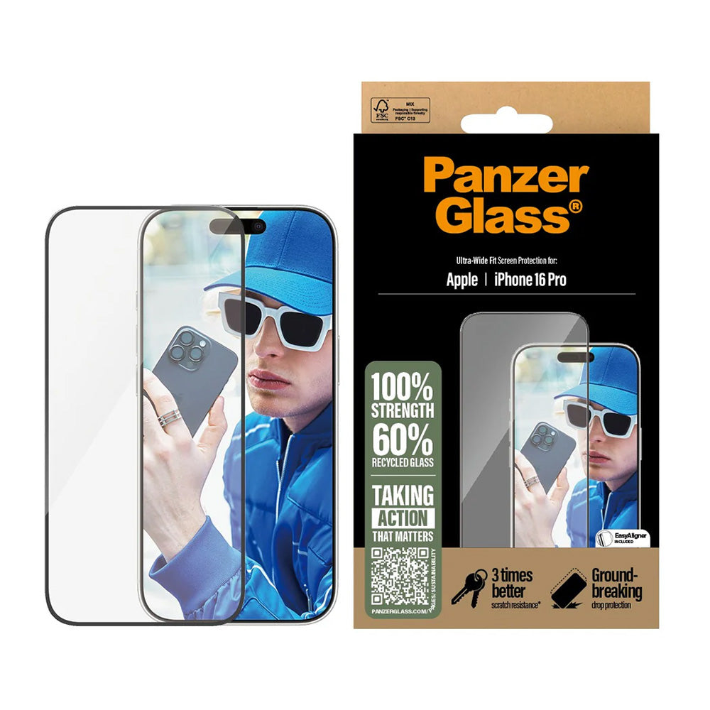 Film de protection d'écran PanzerGlass Ultra-Wide Fit pour Apple iPhone 16 Pro, Verre Trempé, Full Glue, Noir