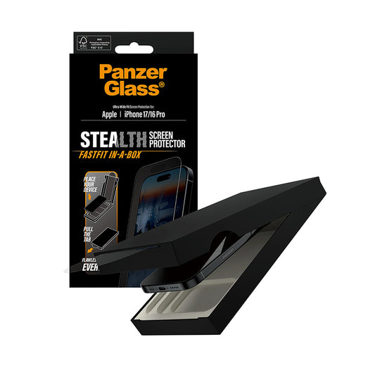 Film de protection d'écran PanzerGlass Ultra-Wide Fit Stealth Fastfit pour Apple iPhone 17 / 16 Pro, Verre Trempé, Full Glue, Noir