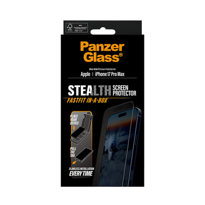 Film de protection d'écran PanzerGlass Ultra-Wide Fit Stealth Fastfit pour Apple iPhone 17 Pro Max, Verre Trempé, Full Glue, Noir