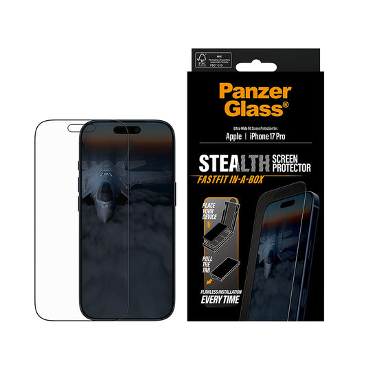 Film de protection d'écran PanzerGlass Ultra-Wide Fit Stealth Fastfit pour Apple iPhone 17 Pro, Verre Trempé, Full Glue, Noir