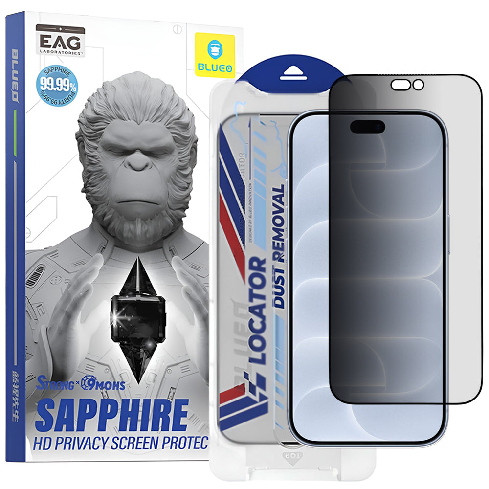 Protection d’écran Privacy Blueo Premium Sapphire Applicator pour Apple iPhone 18 Pro, verre trempé, adhésif intégral