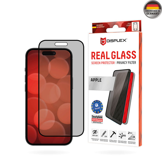 Film de protection d'écran Privacy Displex Real Glass pour Apple iPhone 16 Plus, Verre Sécurisé, Collage Complet