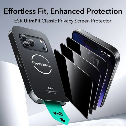 Film de protection d'écran Privacy ESR UltraFit Classic pour Apple iPhone 18 Pro Max, Verre trempé, Collage complet, Lot de 3 pièces