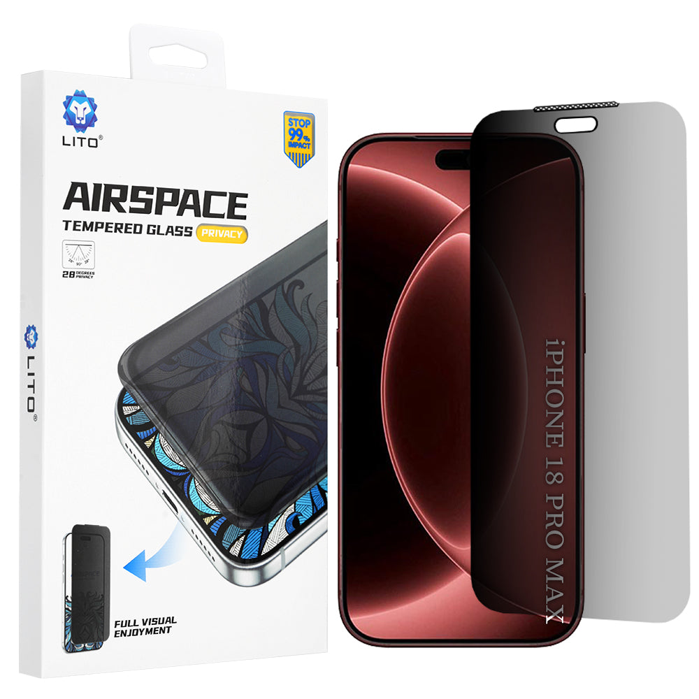 Film de protection écran Privacy Lito Airspace Border pour Apple iPhone 18 Pro Max, Verre trempé, Collage intégral