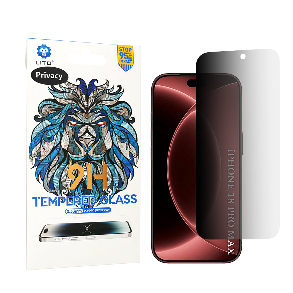 Film de protection d'écran Privacy Lito Classic pour Apple iPhone 18 Pro Max, Verre trempé, Collage complet, 2.5D
