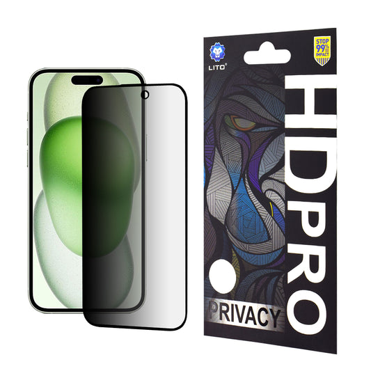 Film de protection d'écran Privacy Lito HD Pro pour Apple iPhone 15 Plus, Verre Trempé, Collage Complet