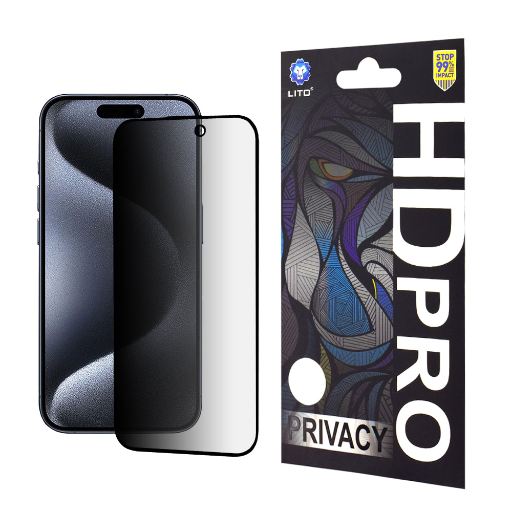 Privacy Screen Protector Lito HD Pro for Apple iPhone 15 Pro, Tempered Glass, Full Glue