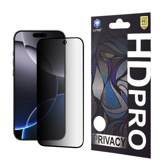 Film de protection écran Privacy Lito HD Pro pour Apple iPhone 16 Pro Max, Verre trempé, Collage intégral