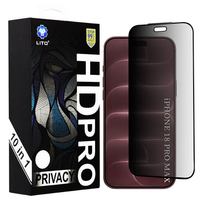 Film de protection d’écran Privacy Lito HD Pro pour Apple iPhone 18 Pro Max, verre trempé, adhésif intégral, lot de 10 pièces
