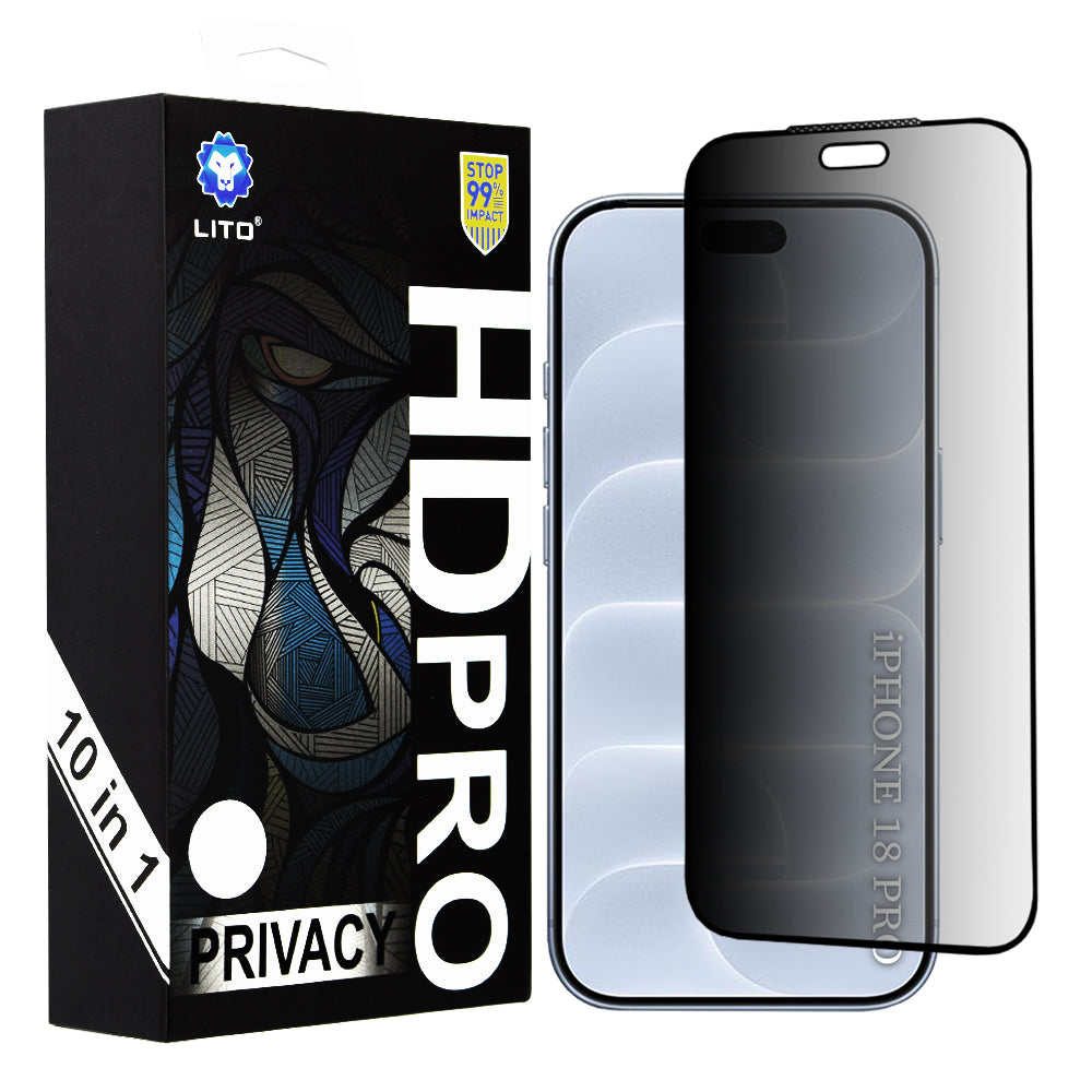 Film de protection d’écran Privacy Lito HD Pro pour Apple iPhone 18 Pro, verre trempé, adhésif intégral, lot de 10 pièces